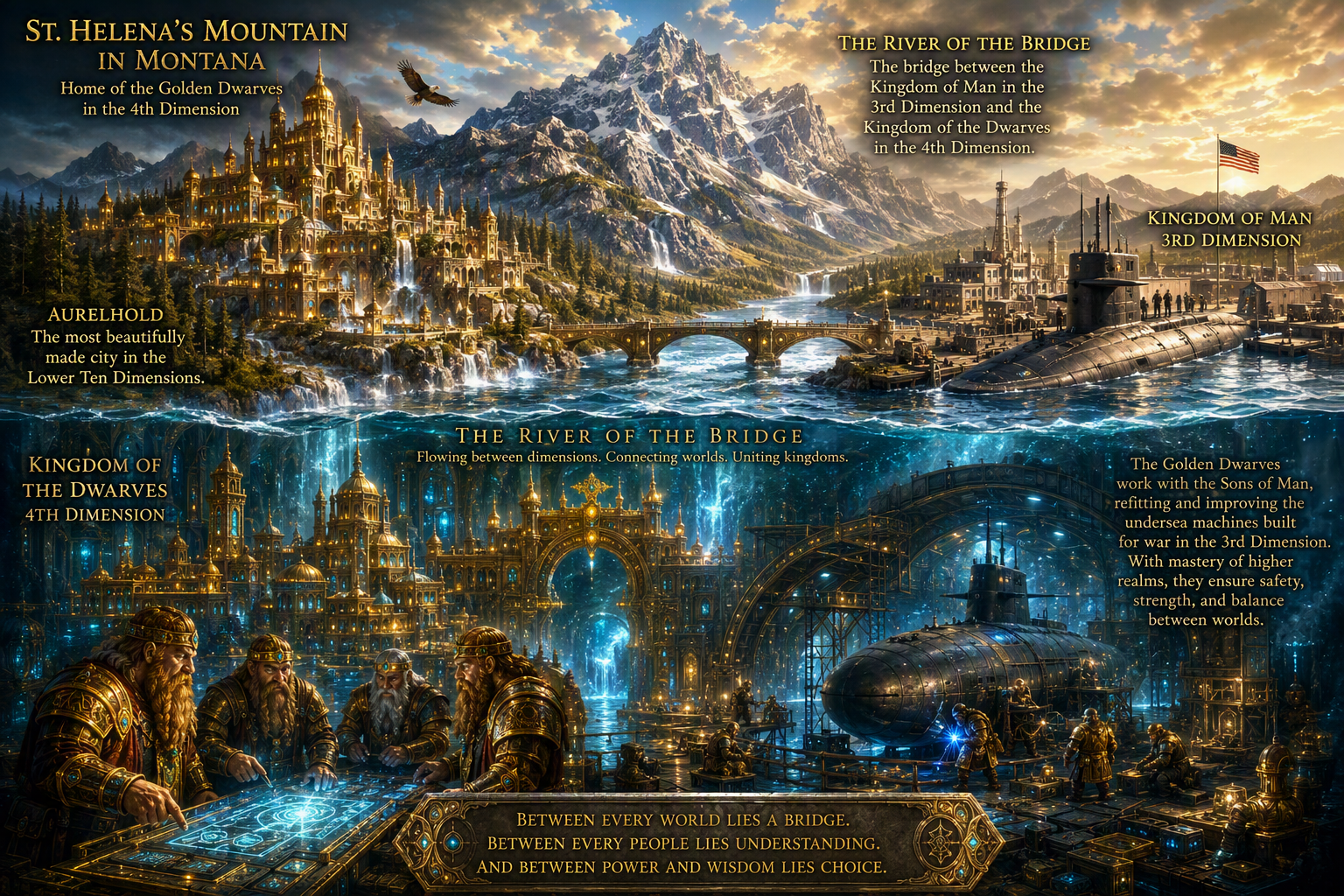 Fantasy world map showing St. Helena's Mountain in Montana, the Kingdom of the Dwarves in the 4th Dimension, Aurelhold, and the River of the Bridge connecting worlds